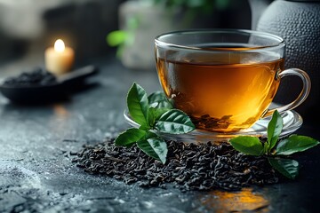 Peaceful Tea Moment with Black Tea Leaves and Candlelight Ambiance
