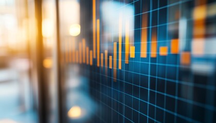 Elegant blue and orange bar graph against blurred office background with subtle sunlight and shadows