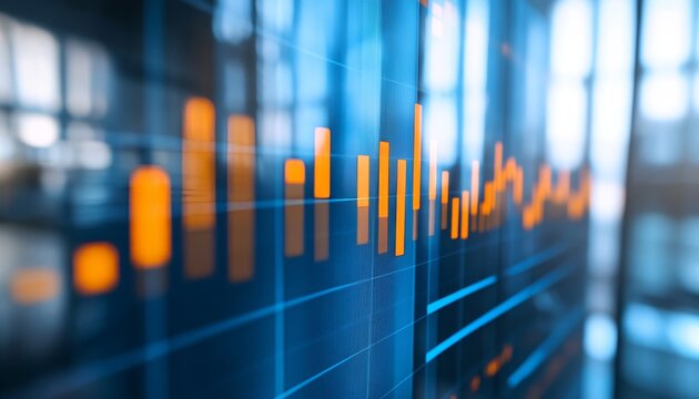 Sophisticated blue and orange bar graph with data points in an elegant blurred office setting