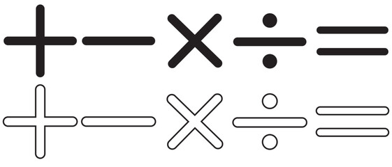 Plus, minus, multiply, equal and divide, percentage sign icons or symbols set. Math/mathematics sign or symbol/ icon vector illustration.