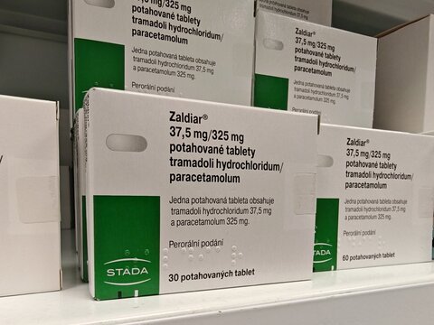Prague,Czech Republic-January 8 2025: Zaldiar by Gr&uuml;nenthal contains Tramadol and Paracetamol, a combination analgesic used for moderate to severe pain management

