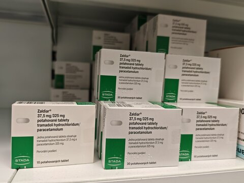 Prague,Czech Republic-January 8 2025: Zaldiar by Gr&uuml;nenthal contains Tramadol and Paracetamol, a combination analgesic used for moderate to severe pain management

