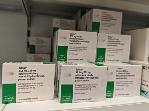 Prague,Czech Republic-January 8 2025: Zaldiar by Gr&uuml;nenthal contains Tramadol and Paracetamol, a combination analgesic used for moderate to severe pain management

