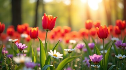 Red Tulip Garden Photography for Spring Wallpaper, Greeting Card, Website Banner, Nature Blog, Floral Poster