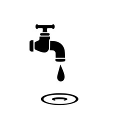 Simple and modern vector logo in black and white, showcasing a faucet dripping a single water droplet, integrated with abstract wave lines for a clean design