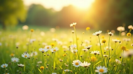 Sunlit Daisy Field in Bloom – Warm Summer Meadow with Golden Light, High-Resolution Nature Scene