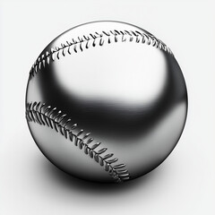 Metal baseball on a bright white surface. The silver object with its intricate stitching is a striking take on a traditional baseball.