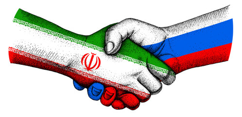 Handshake with flags of Russia and Iran