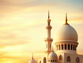 White Mosque at Sunset with Golden Domes and Minaret