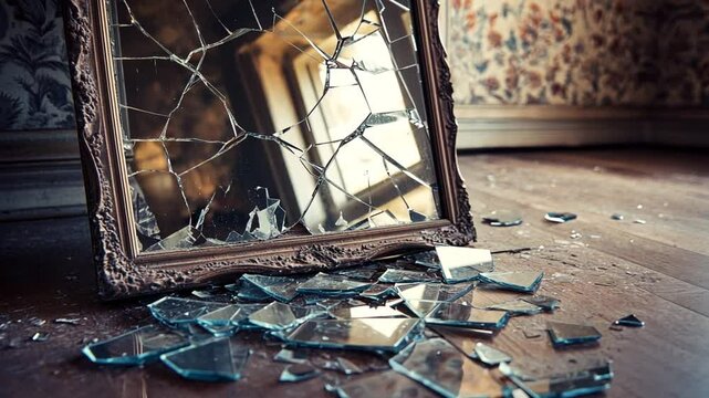 Dramatic Broken Mirror with Shards Scattered on Wooden Floor, Symbol of Bad Luck, Fracture