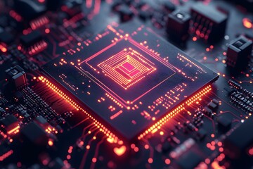 Obraz premium Futuristic Electronic Circuit Board with Glowing Red Microchip for Technology Design
