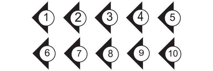 Bullet points numbers. Colorful list markers from 1 to 10. Vector design elements set for modern infographic.