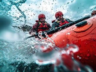 Extreme rafting teamwork rapid river action photography outdoor adventure close-up synchronized paddling