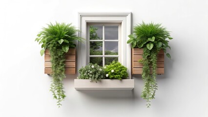 Fototapeta premium Plan View Window Box, Flat Lay, White Background, Dutch Angle, Natural Organic Gardening, Floral Arrangement, Herb Garden, Windowsill Decor, Spring Summer Decor