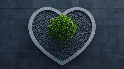 Fototapeta premium Heart-Shaped Planter with Green Plant and Pebbles on Dark Slate Background for Modern Garden Decor