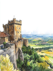 Watercolor castle illustration stands majestically on hill, panoramic scenic view