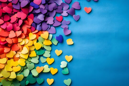Colorful Hearts on Rainbow Background