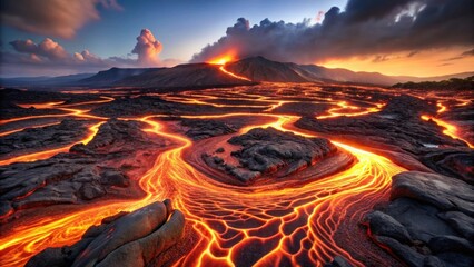 Fototapeta premium Serene Sunset Over a Volcanic Landscape with Molten Lava Flowing Across Darkened Earth