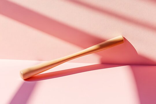 Wooden baseball bat resting against a pink wall casting shadows, creating a minimalist aesthetic - Powered by Adobe