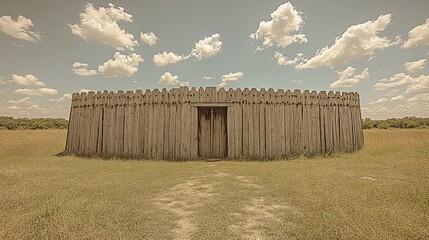 Fototapeta premium Circular wooden fort in grassy field under a cloudy sky.