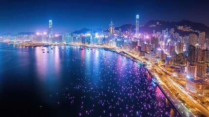 Night Lights of city Dazzling Aerial View