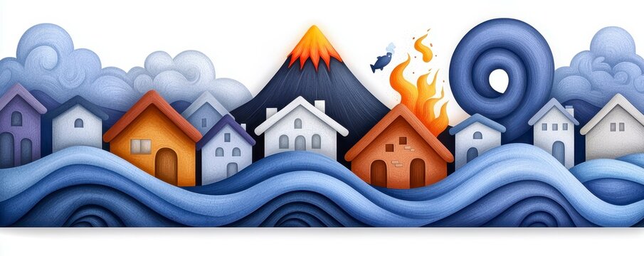 Cartoon Natural Disaster Landscape With Volcano Eruption Tsunami and House Fires in a Village Environment