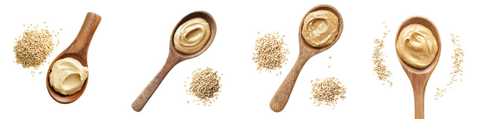 A collection of sesame seeds in wooden spoons and bowls arranged on a plain white background showcasing the natural texture and color of this versatile culinary ingredient