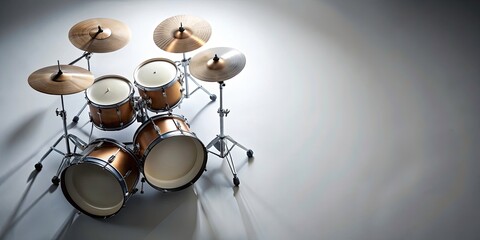 Over-the-Shoulder View of a Drum Kit in Low Light Photography with Fresh Splash Effects and Copy Space on a White Background