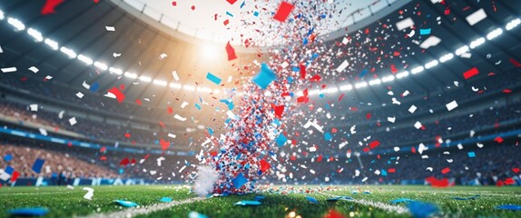 Football stadium background with flying confetti