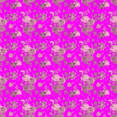 Beautiful embroidered flowers in mocha mousse color on a bright background in Electric fuchsia color. Seamless pattern for fabric.