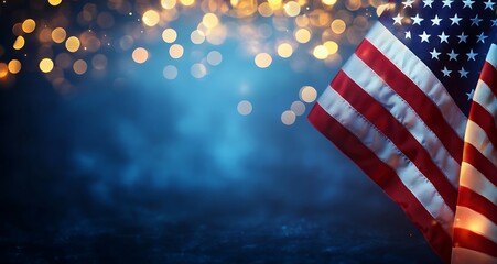 Three American flags flying in the air with fireworks going off behind them. The background is a dark blue