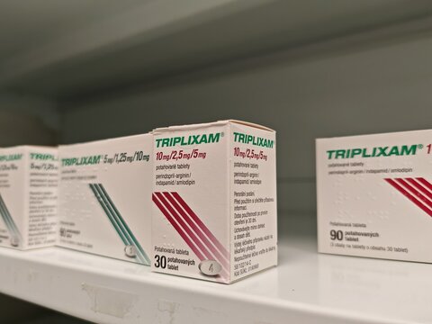 Prague,Czech Republic-January 8 2025: TRIPLIXAM by Servier is a triple combination antihypertensive containing Perindopril, Indapamide, and Amlodipine, used for high blood pressure

