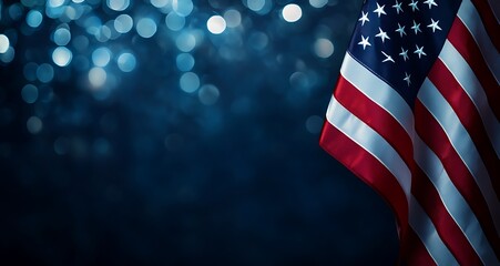 Three American flags flying in the air with fireworks going off behind them. The background is a dark blue
