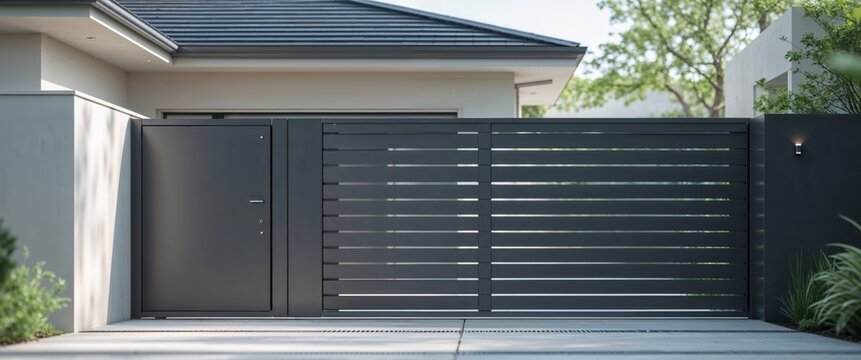 High dark grey home door aluminum gate gray slats portal garden of suburb house