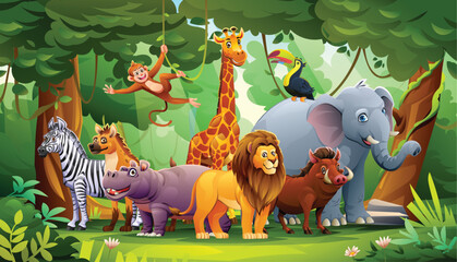 Obraz premium Playful jungle scene with various animals including giraffe, monkey, zebra, and lion. Vector cartoon illustration