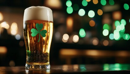 Beer with Shamrock Symbol on St Patrick s Day Celebration on a Bar Table with Bokeh Lights in the Background