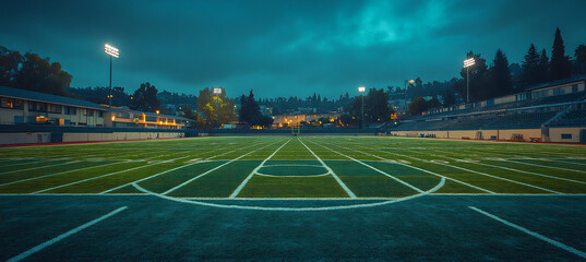 Obraz premium a photograph of an empty football field at night,