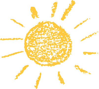 Fun like kid drawing yellow sun. Painted with pastel crayons or wax pencil sunny icon. Summer sky symbol. Design elements. Rough chalk texture vector illustration in children style