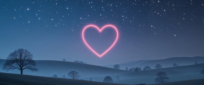 Heart shape illuminated in a starry night sky over a tranquil landscape.