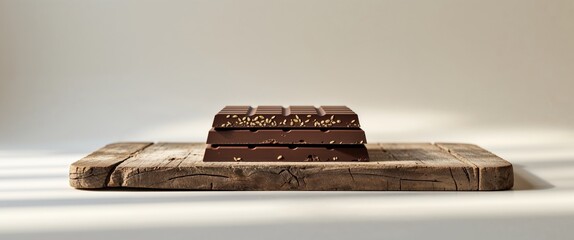 Three hemp seed chocolate bars stacked on a rustic wooden board