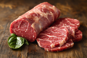 Fototapeta premium a photograph of fresh, raw beef on a wooden table,