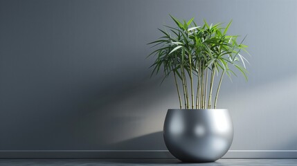 A sleek metal plant pot with a brushed silver finish, supporting a robust bamboo plant.