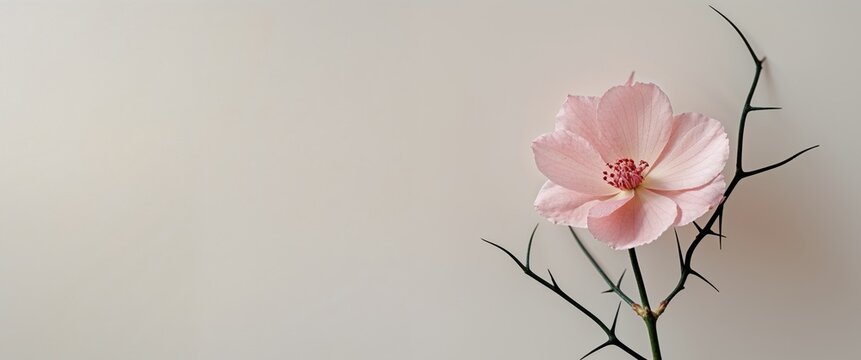 Pink petals bloom beautifully while sharp thorns create a striking contrast