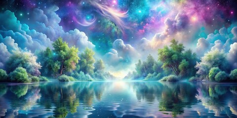 Dreamlike River Landscape Under a Celestial Canopy of Vibrant Nebulae and Stars