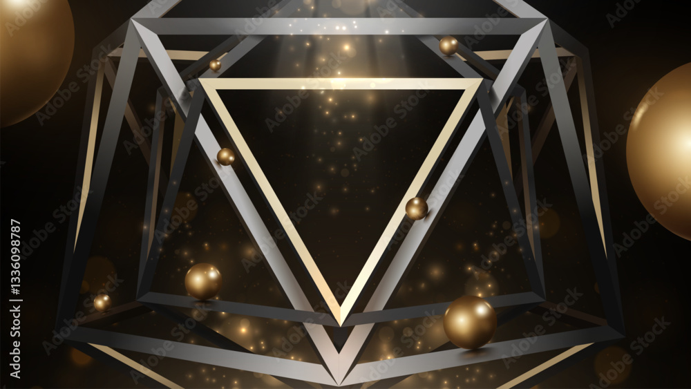 Canvas Prints black abstract background and luxury golden triangle frame and metallic ball with glittering lights 