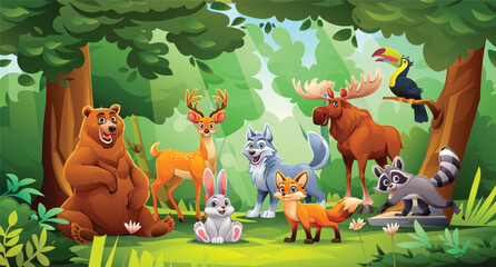 Jungle scene with cheerful animals like bear, wolf, deer, rabbit, and more. Vector cartoon illustration