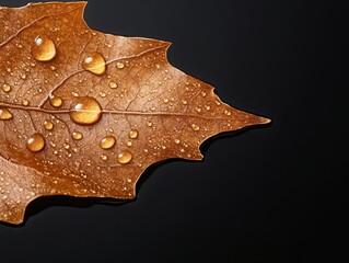 Fototapeta premium Close-up of a brown leaf with water droplets on a dark background