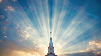 church steeple with cross is silhouetted against dramatic sky, where sun rays burst through clouds, creating serene and spiritual atmosphere
