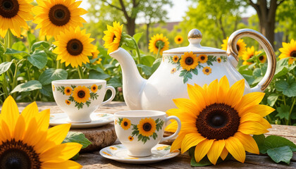 Tea set with sunflowers in a lush garden