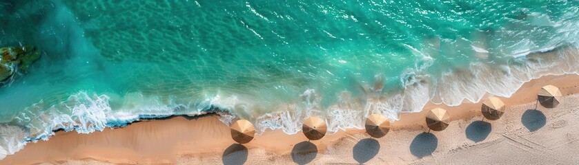 Fototapeta premium Aerial view of serene beach with turquoise waves gently lapping shore, lined with beige umbrellas casting shadows on sand. tranquil scene evokes sense of relaxation and escape